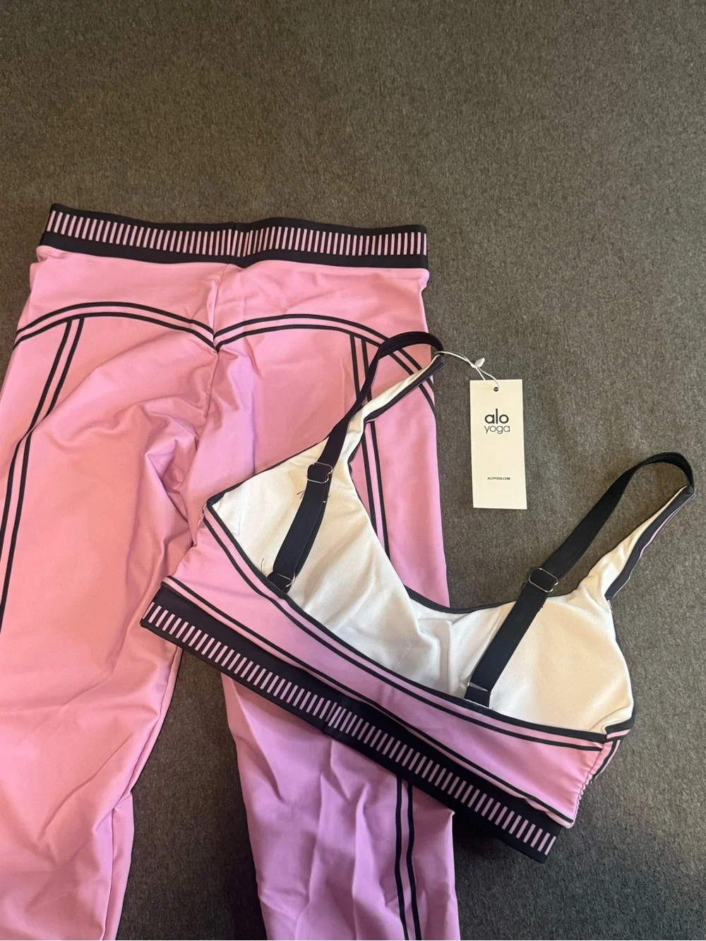 ALO Yoga Pink & Black Trim Sports Bra and Leggings Set
